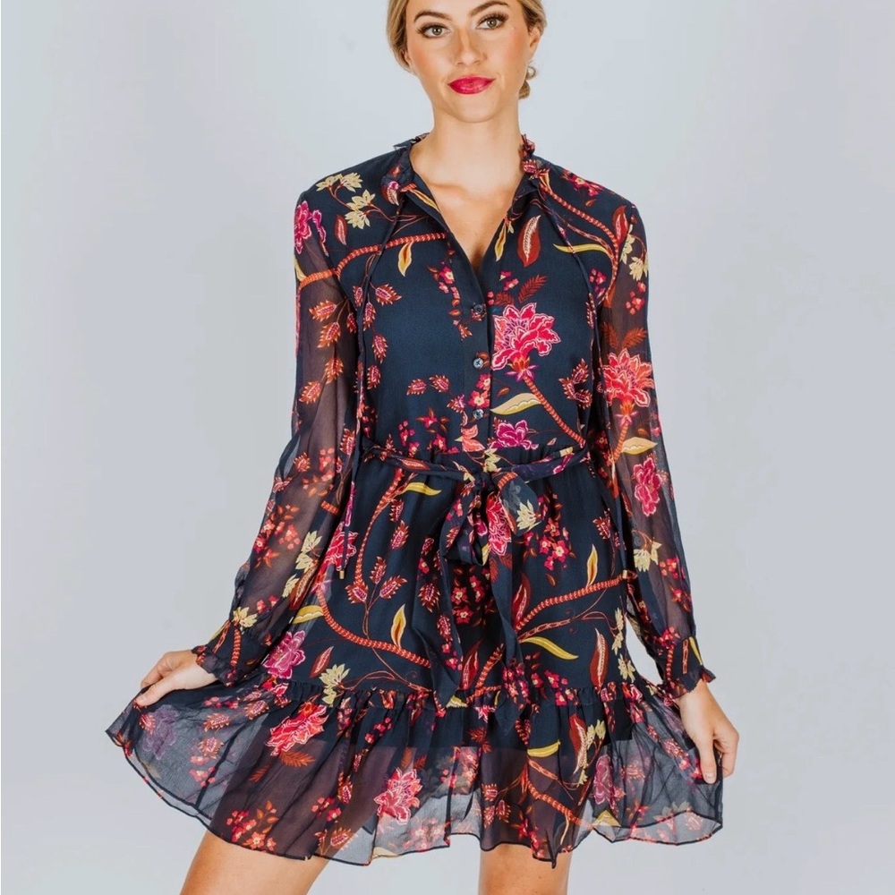 Cara Cara Blair Dress - Ophelia Floral Midnight 100% Silk Button-Up Ruffle XS